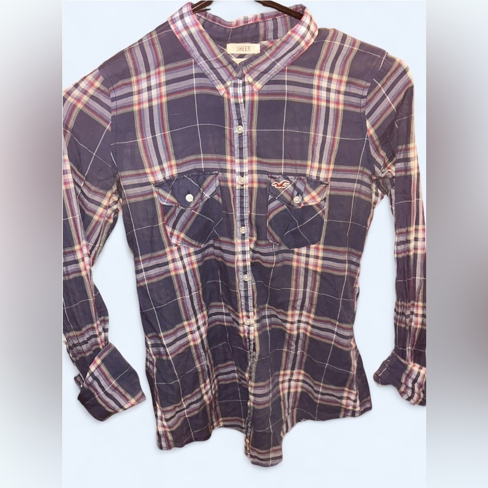 Hollister Plaid Button Down Shirt | Blue | XS | Sheer